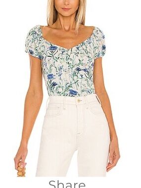 Astr Surplice Floral Puff-Sleeve Square Neck Top in White and Blue